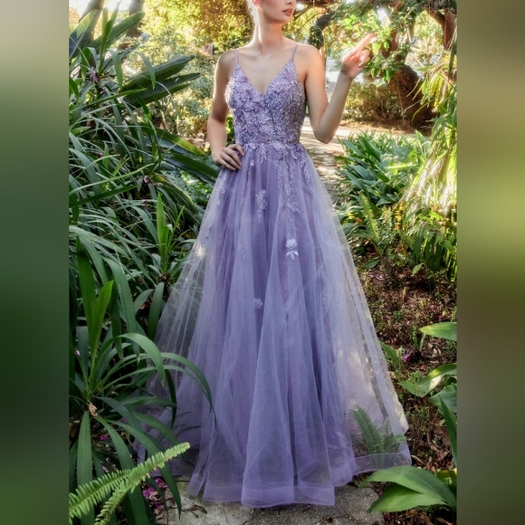 Designer Yellow,lilac,blue long beaded floral lace embroidered gown - Picture 4 of 8